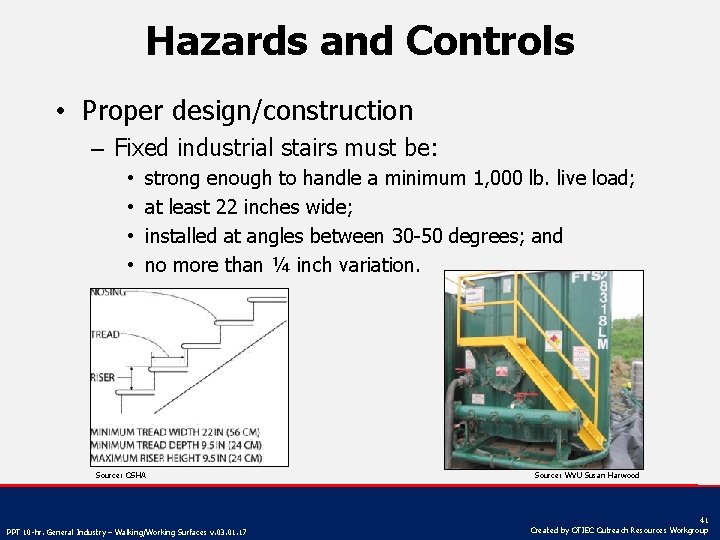 Hazards and Controls • Proper design/construction – Fixed industrial stairs must be: • •