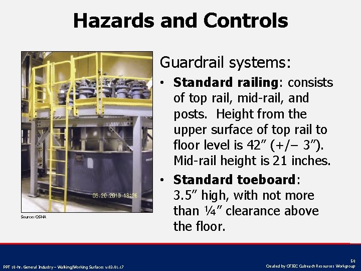 Hazards and Controls Guardrail systems: Source: OSHA PPT 10 -hr. General Industry – Walking/Working