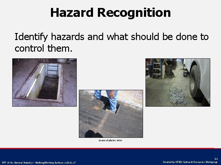 Hazard Recognition Identify hazards and what should be done to control them. Source of
