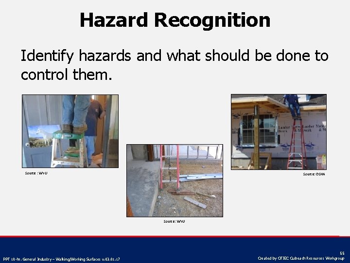 Hazard Recognition Identify hazards and what should be done to control them. Source :