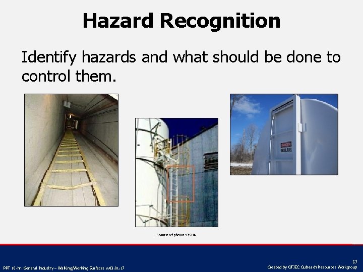 Hazard Recognition Identify hazards and what should be done to control them. Source of