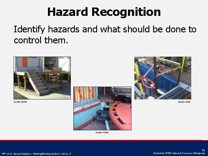 Hazard Recognition Identify hazards and what should be done to control them. Source: OSHA