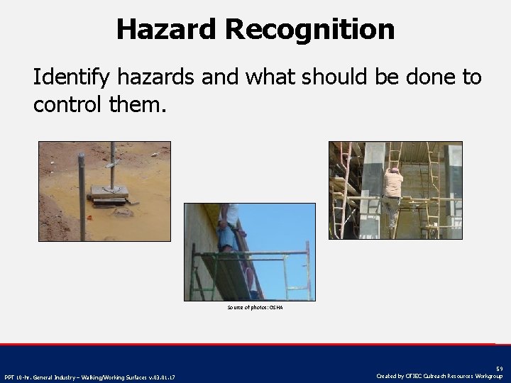 Hazard Recognition Identify hazards and what should be done to control them. Source of