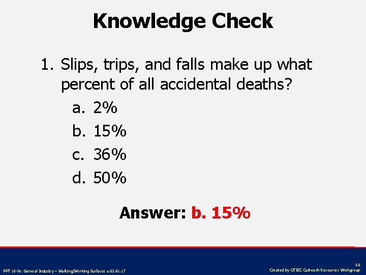 Knowledge Check 1. Slips, trips, and falls make up what percent of all accidental
