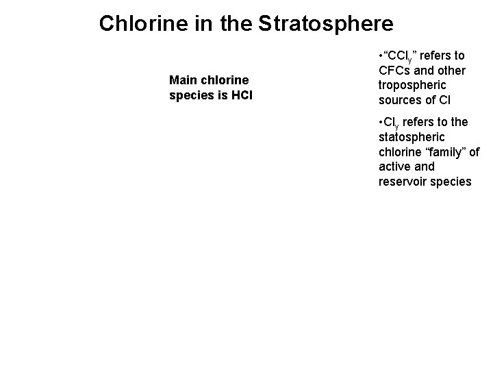 Chlorine in the Stratosphere Main chlorine species is HCl • “CCly” refers to CFCs