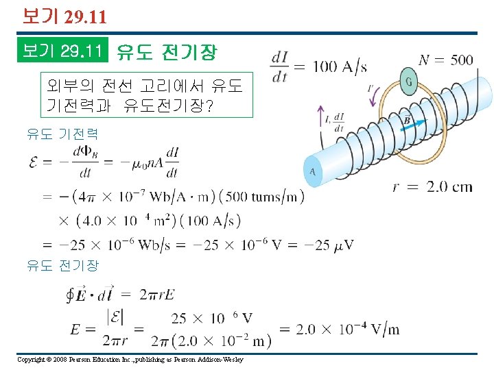 보기 29. 11 유도 전기장 외부의 전선 고리에서 유도 기전력과 유도전기장? 유도 기전력 유도