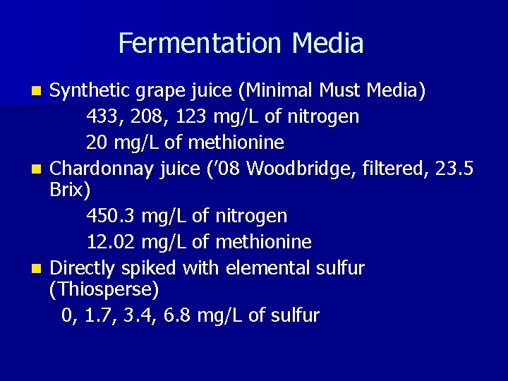 Fermentation Media Synthetic grape juice (Minimal Must Media) 433, 208, 123 mg/L of nitrogen