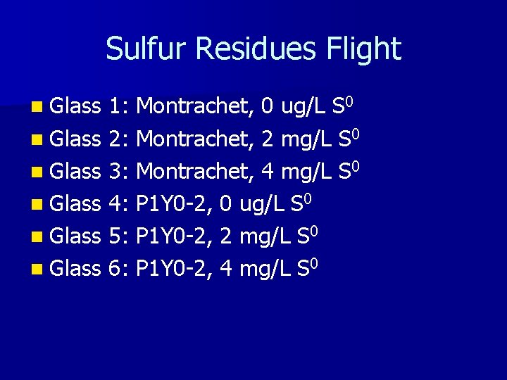 Sulfur Residues Flight n Glass 1: Montrachet, 0 ug/L S 0 n Glass 2: