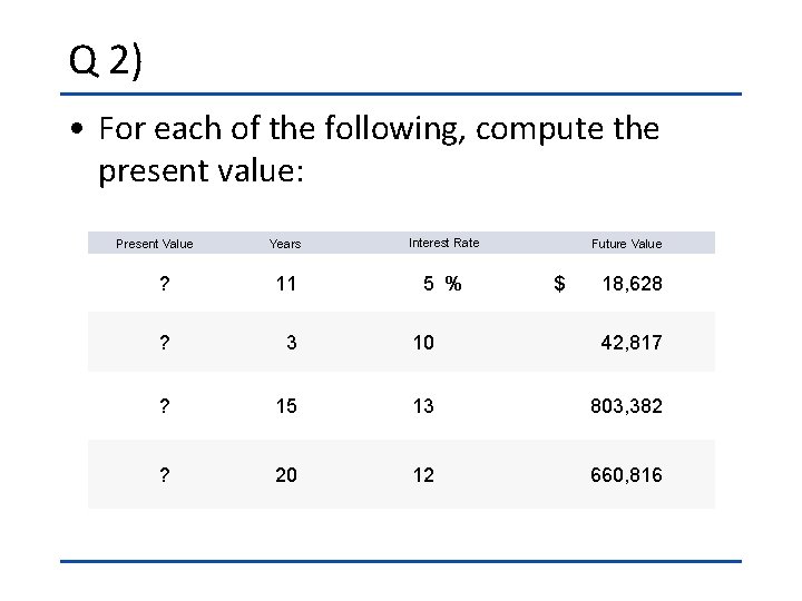 Q 2) • For each of the following, compute the present value: Present Value