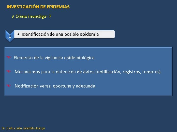 INVESTIGACIÓN DE EPIDEMIAS ¿ Cómo investigar ? E Elemento de la vigilancia epidemiológica. E