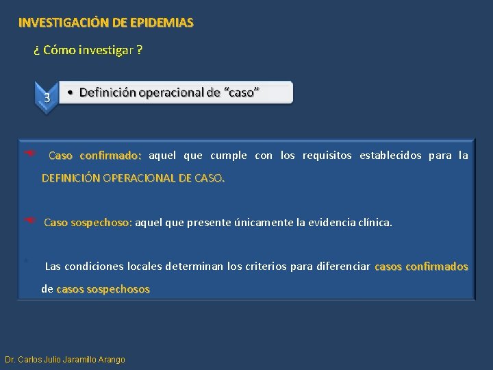 INVESTIGACIÓN DE EPIDEMIAS ¿ Cómo investigar ? E Caso confirmado: aquel que cumple con