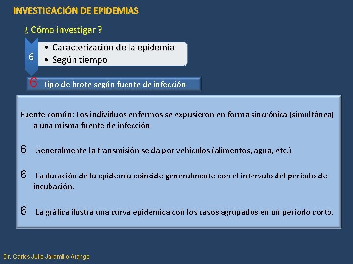 INVESTIGACIÓN DE EPIDEMIAS ¿ Cómo investigar ? • Caracterización de la epidemia 6 •