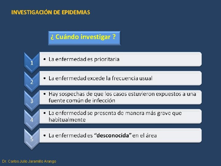 INVESTIGACIÓN DE EPIDEMIAS ¿ Cuándo investigar ? Dr. Carlos Julio Jaramillo Arango 