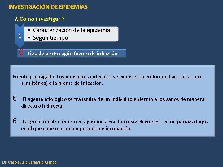 INVESTIGACIÓN DE EPIDEMIAS ¿ Cómo investigar ? • Caracterización de la epidemia 6 •
