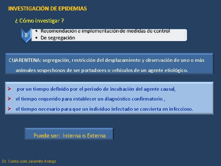 INVESTIGACIÓN DE EPIDEMIAS ¿ Cómo investigar ? CUARENTENA: segregación, restricción del desplazamiento y observación