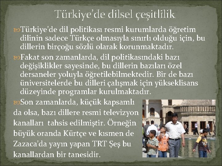 Türkiye’de dilsel çeşitlilik Türkiye’de dil politikası resmi kurumlarda öğretim dilinin sadece Türkçe olmasıyla sınırlı