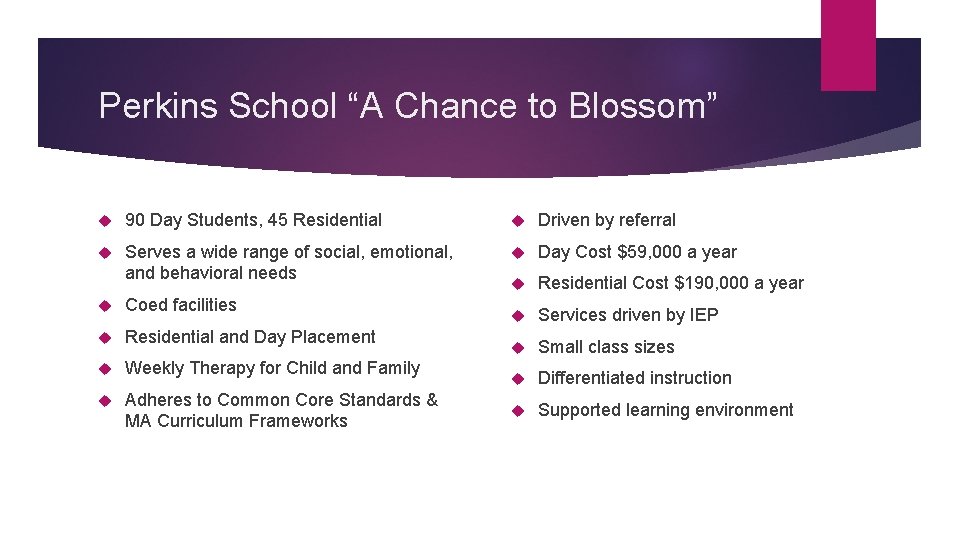 Perkins School “A Chance to Blossom” 90 Day Students, 45 Residential Driven by referral