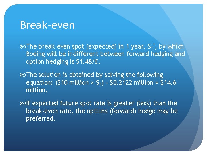 Break-even The break-even spot (expected) in 1 year, ST*, by which Boeing will be