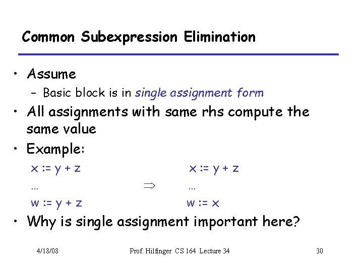Common Subexpression Elimination • Assume – Basic block is in single assignment form •