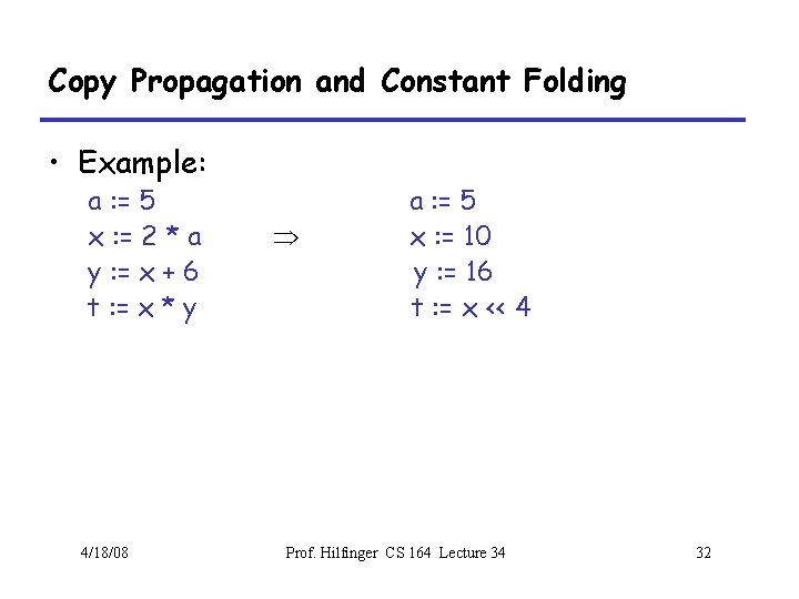 Copy Propagation and Constant Folding • Example: a : = 5 x : =