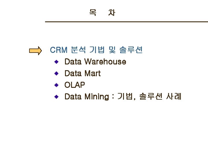 목 차 CRM 분석 기법 및 솔루션 Data Warehouse Data Mart OLAP Data Mining