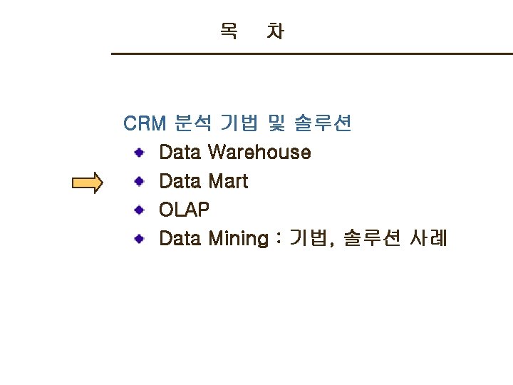 목 차 CRM 분석 기법 및 솔루션 Data Warehouse Data Mart OLAP Data Mining