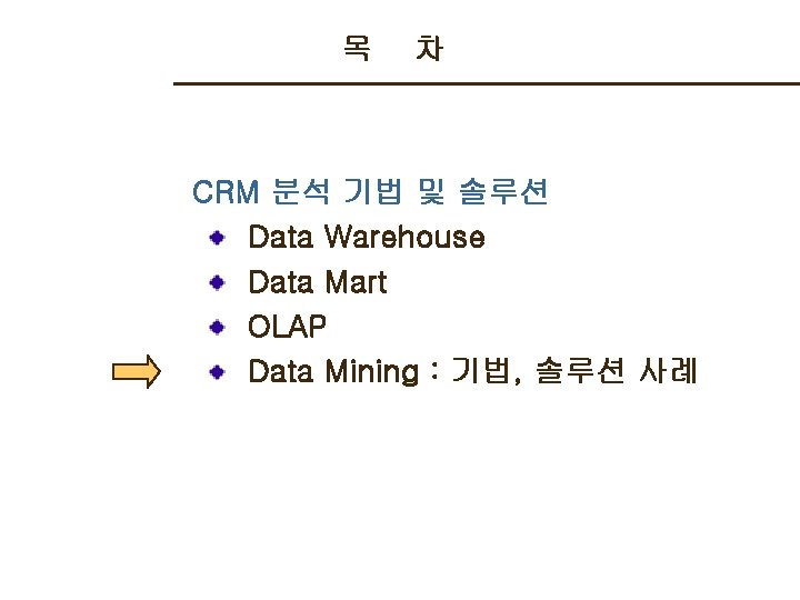 목 차 CRM 분석 기법 및 솔루션 Data Warehouse Data Mart OLAP Data Mining