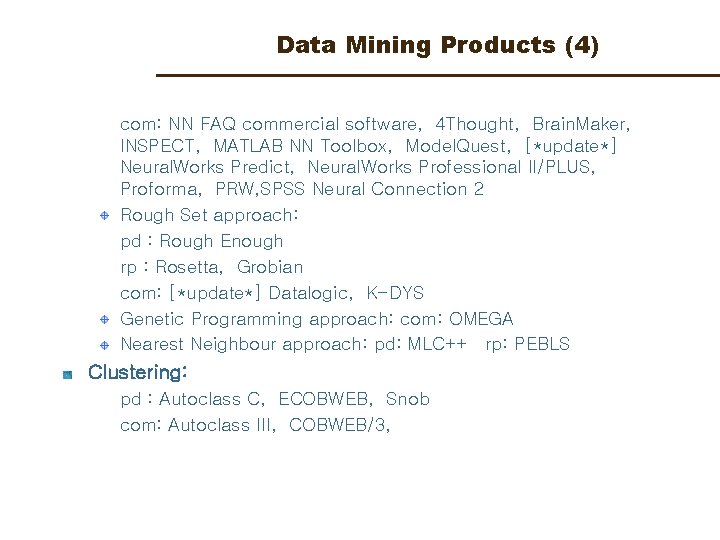 Data Mining Products (4) com: NN FAQ commercial software, 4 Thought, Brain. Maker, INSPECT,