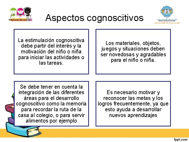 Aspectos cognoscitivos La estimulación cognoscitiva debe partir del interés y la motivación del niño