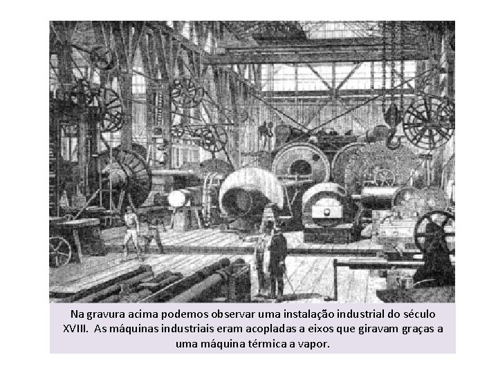 Na gravura acima podemos observar uma instalação industrial do século XVIII. As máquinas industriais