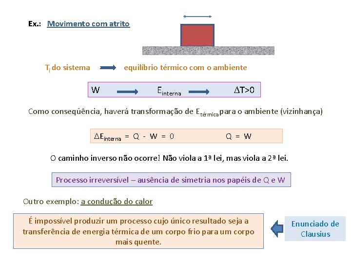 Ex. : Movimento com atrito Ti do sistema equilíbrio térmico com o ambiente W