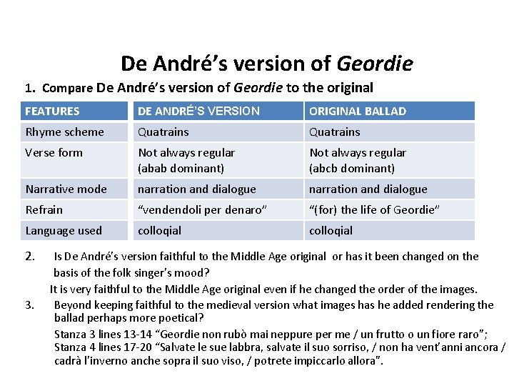 De André’s version of Geordie 1. Compare De André’s version of Geordie to the