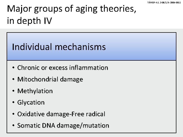 Major groups of aging theories, in depth IV Individual mechanisms • Chronic or excess