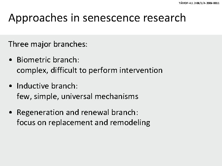 TÁMOP-4. 1. 2 -08/1/A-2009 -0011 Approaches in senescence research Three major branches: • Biometric