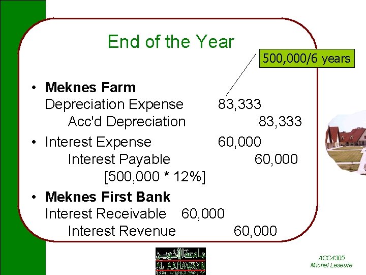End of the Year 500, 000/6 years • Meknes Farm Depreciation Expense 83, 333