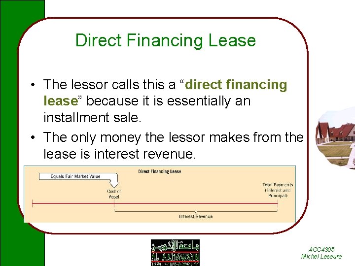 Direct Financing Lease • The lessor calls this a “direct financing lease” because it