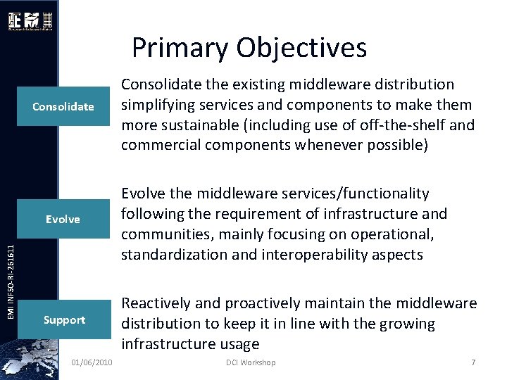 Primary Objectives EMI INFSO-RI-261611 Consolidate the existing middleware distribution simplifying services and components to