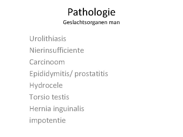 Pathologie Geslachtsorganen man Urolithiasis Nierinsufficiente Carcinoom Epididymitis/ prostatitis Hydrocele Torsio testis Hernia inguinalis impotentie