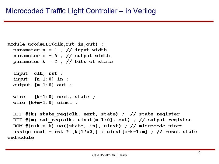 Microcoded Traffic Light Controller – in Verilog module ucode. TLC(clk, rst, in, out) ;