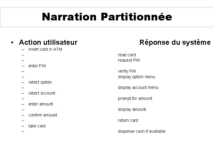 Narration Partitionnée • Action utilisateur – – – – Réponse du système insert card