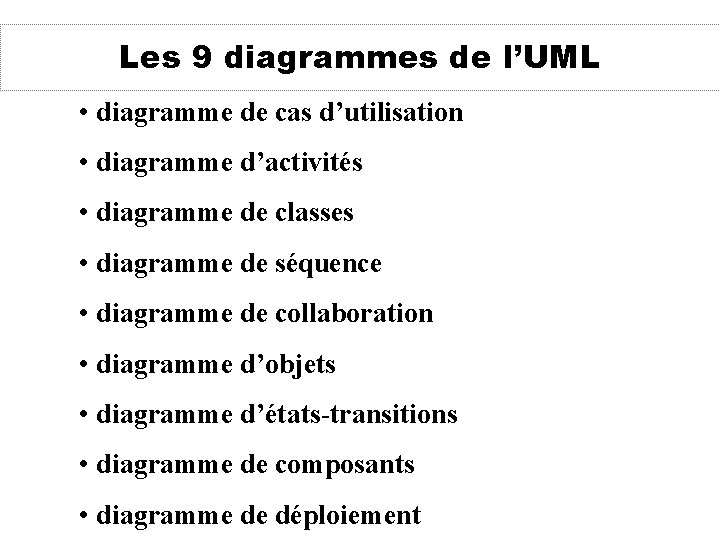 Les 9 diagrammes de l’UML • diagramme de cas d’utilisation • diagramme d’activités •