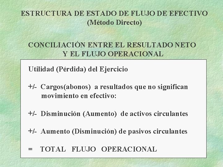 ESTRUCTURA DE ESTADO DE FLUJO DE EFECTIVO (Método Directo) CONCILIACIÓN ENTRE EL RESULTADO NETO