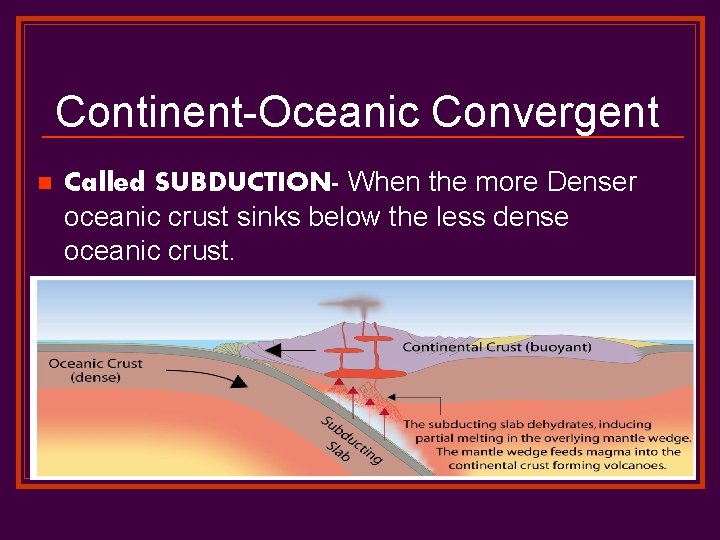 Continent-Oceanic Convergent n Called SUBDUCTION- When the more Denser oceanic crust sinks below the