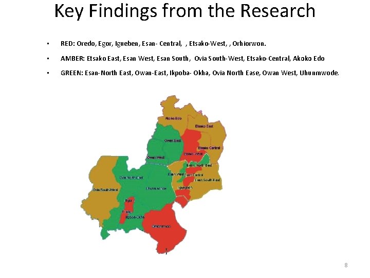 Key Findings from the Research • RED: Oredo, Egor, Igueben, Esan- Central, , Etsako-West,