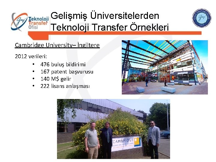 Gelişmiş Üniversitelerden Teknoloji Transfer Örnekleri Cambridge University– İngiltere 2012 verileri: • 476 buluş bildirimi