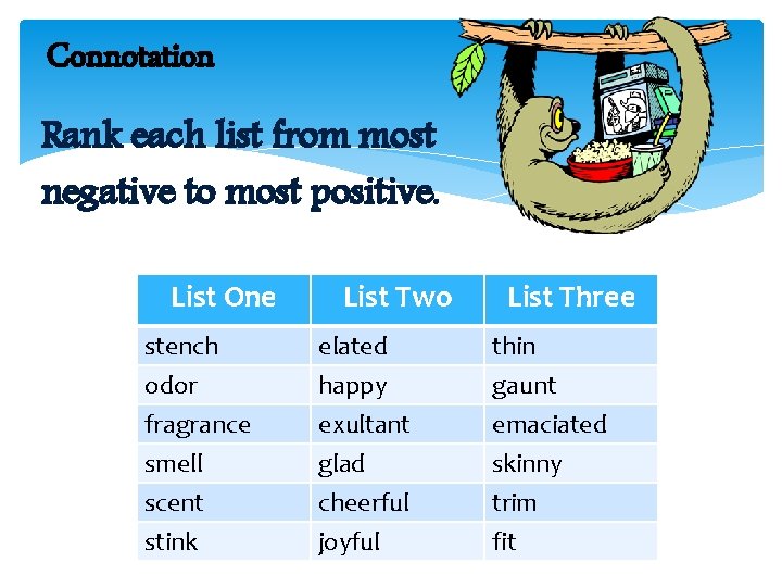 Connotation Rank each list from most negative to most positive. List One List Two Connotation Rank each list from most negative to most positive. List One List Two
