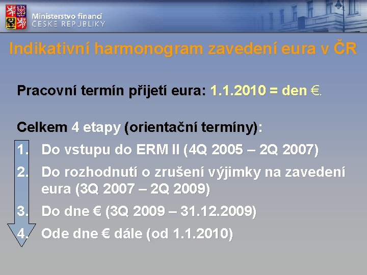Indikativní harmonogram zavedení eura v ČR Pracovní termín přijetí eura: 1. 1. 2010 =