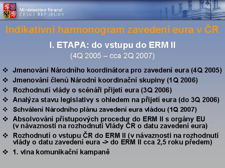 Indikativní harmonogram zavedení eura v ČR I. ETAPA: do vstupu do ERM II (4