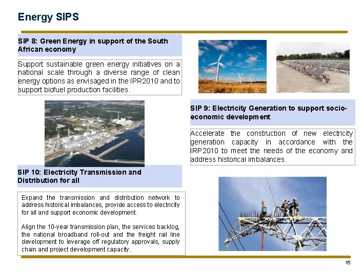 Energy SIPS SIP 8: Green Energy in support of the South African economy Support