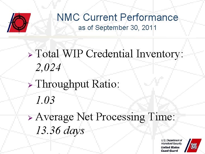 NMC Current Performance as of September 30, 2011 Total WIP Credential Inventory: 2, 024